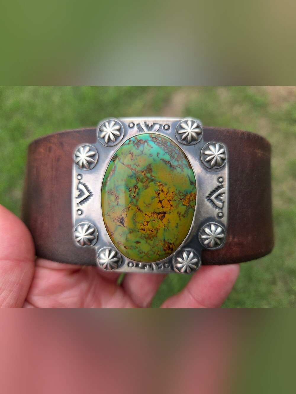 STUNNING BRIT WEST HANDMADE STERLING SPANISH CROSS KINGMAN TURQUOISE CUFF